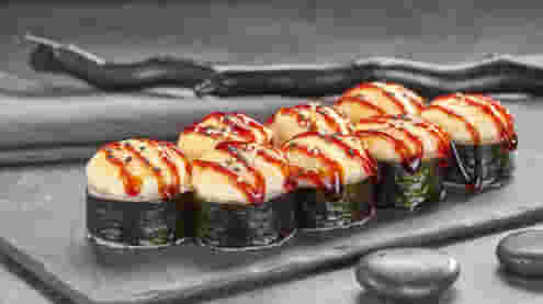 Блюдо Запеченный Ролл с острым лососем меню Суши Мастер Запеченный Ролл с острым лососем меню Суши Мастер